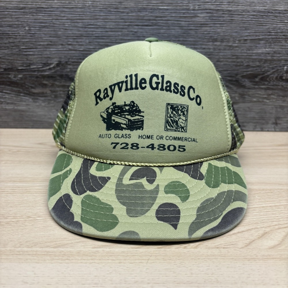 Vintage Rayville Glass Co Hat Cap Snap Back Camo Trucker Advertising Mens 80s